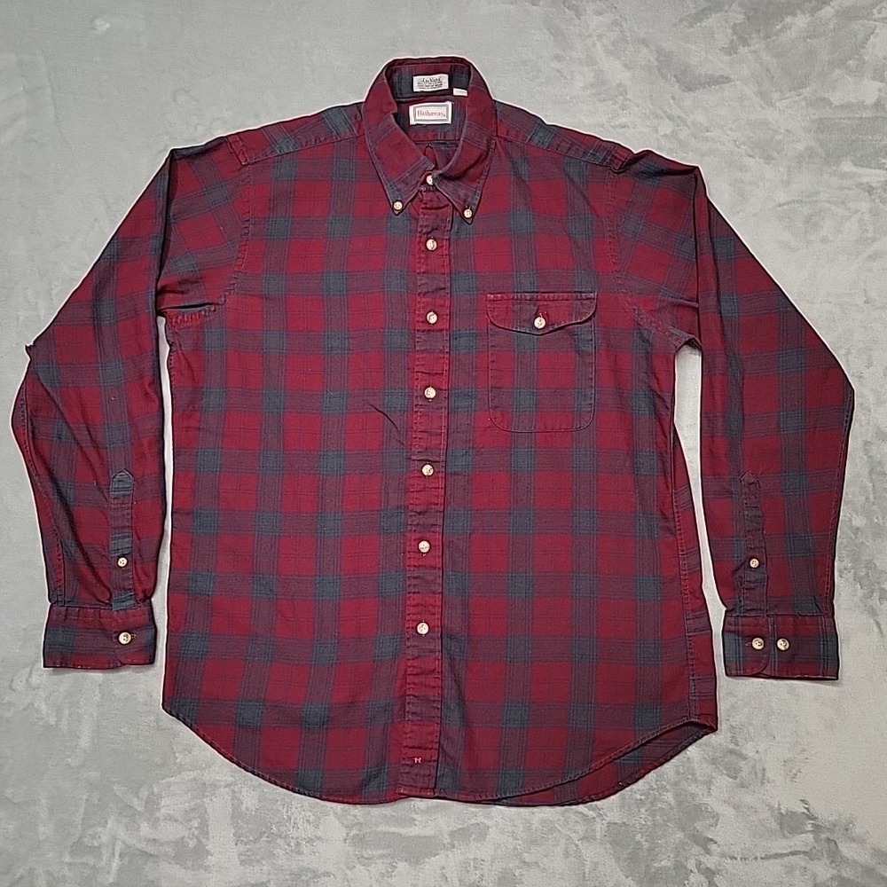 VTG Hathaway Shirt Mens L Red Plaid Lochlana Cotton Wool Button Down Woven Twill
